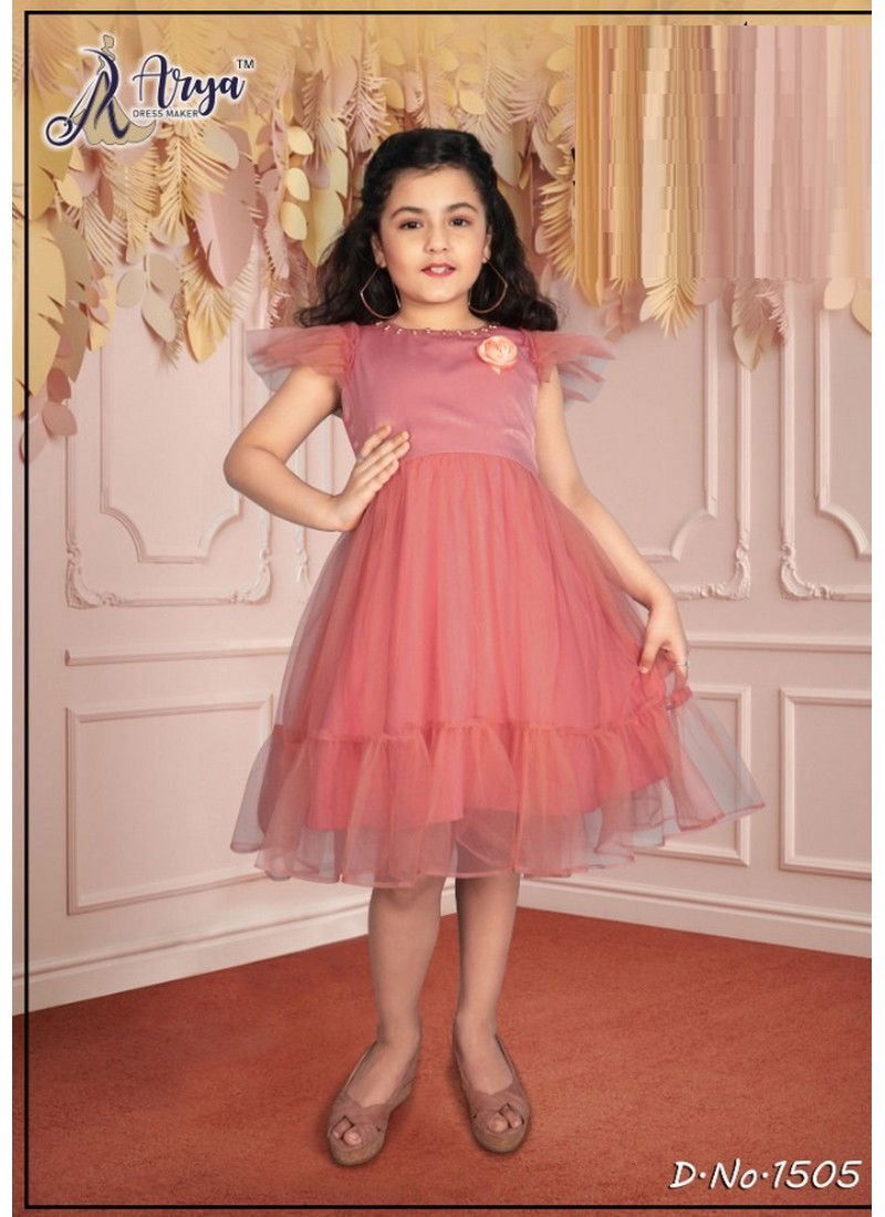 Peach Colour Party Wear Cotton Velvet And Net Frock Collection 1505